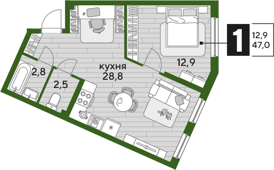 Продажа 1-комнатной квартиры 47 м², 2/19 этаж