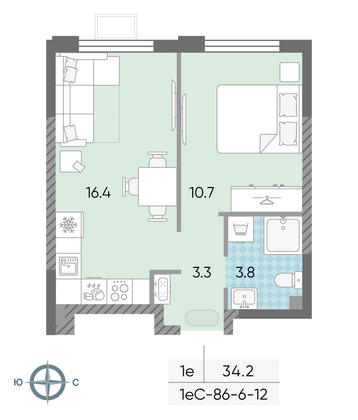 Продажа 1-комнатной квартиры 34,2 м², 10/24 этаж