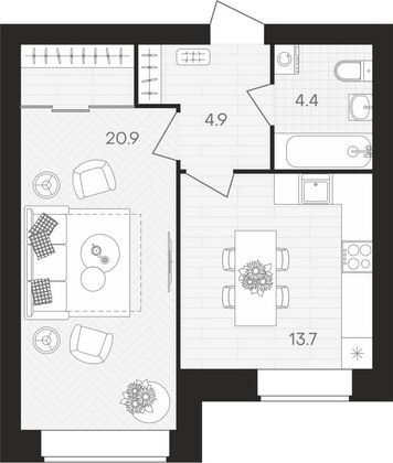 Продажа 1-комнатной квартиры 43,9 м², 1/10 этаж
