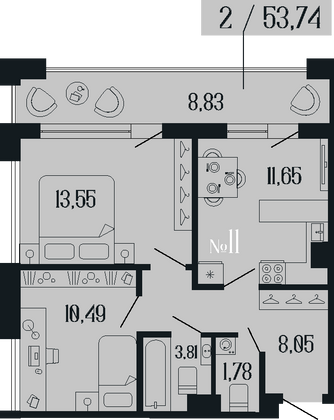 53,7 м², 2-комн. квартира, 3/11 этаж