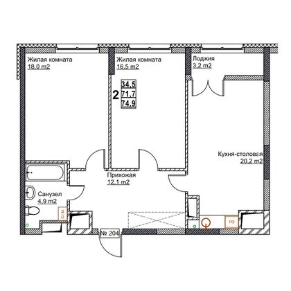 Продажа 2-комнатной квартиры 74,9 м², 9/24 этаж