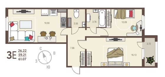 61,1 м², 2-комн. квартира, 12/17 этаж