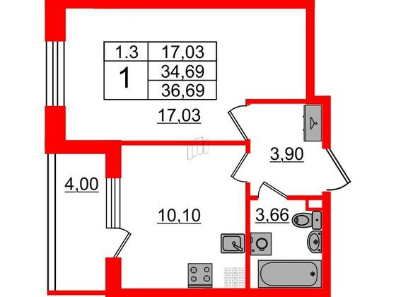 Продажа 1-комнатной квартиры 34,7 м², 5/5 этаж
