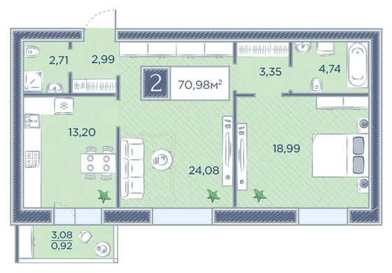 71 м², 2-комн. квартира, 11/17 этаж