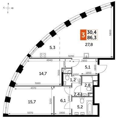 Продажа 3-комнатной квартиры 86,3 м², 44/44 этаж