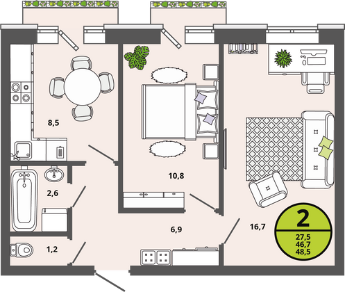 Продажа 2-комнатной квартиры 46,7 м², 2/3 этаж