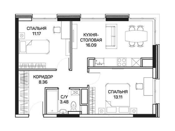 52,2 м², 2-комн. квартира, 2/8 этаж