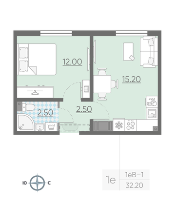 Продажа 1-комнатной квартиры 32,2 м², 2/11 этаж