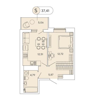 37,4 м², 1-комн. квартира, 12/12 этаж