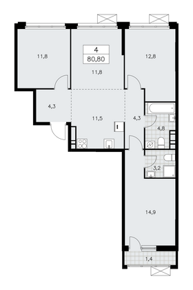 80,8 м², своб. планировка, 11/16 этаж