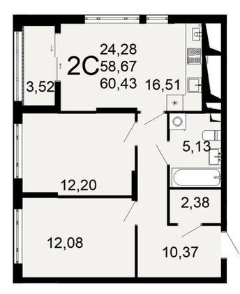 Продажа 2-комнатной квартиры 60,4 м², 12/17 этаж