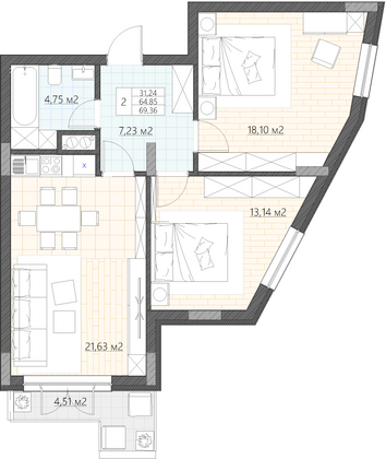 Продажа 2-комнатной квартиры 69,4 м², 2/5 этаж