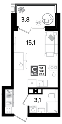 22 м², студия, 8/9 этаж