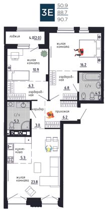 90,7 м², 3-комн. квартира, 6/9 этаж