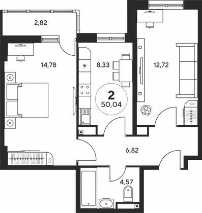 50 м², 2-комн. квартира, 16 этаж