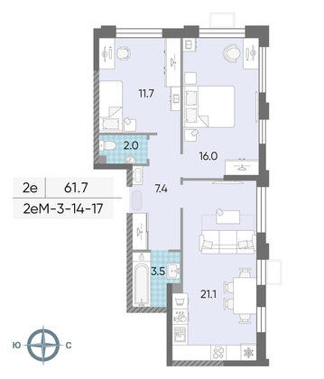 Продажа 2-комнатной квартиры 61,7 м², 15/24 этаж