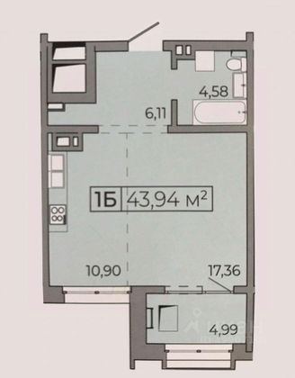 Продажа 1-комнатной квартиры 44,3 м², 9/12 этаж