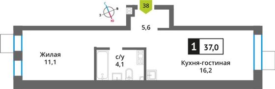 Продажа 1-комнатной квартиры 37 м², 5/9 этаж