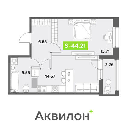 44,2 м², 1-комн. квартира, 12/12 этаж