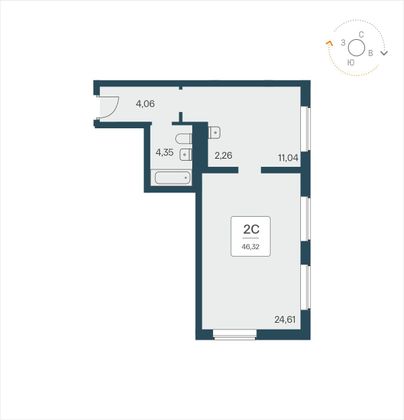 46,3 м², 2-комн. квартира, 11/25 этаж