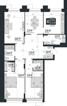 122 м², 4-комн. квартира, 2/15 этаж