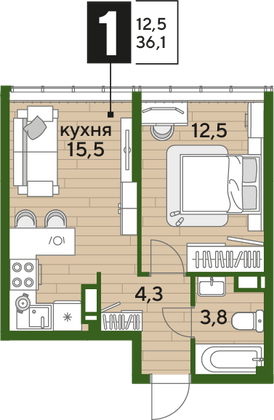 Продажа 1-комнатной квартиры 36,1 м², 15/16 этаж