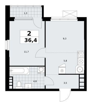 36,4 м², 2-комн. квартира, 30/30 этаж