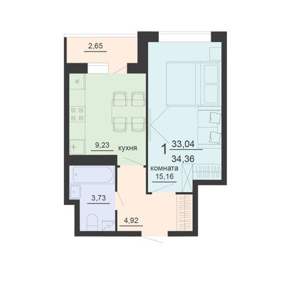 Продажа 1-комнатной квартиры 34,4 м², 11/20 этаж