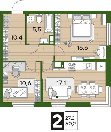 Продажа 2-комнатной квартиры 60,2 м², 14/16 этаж