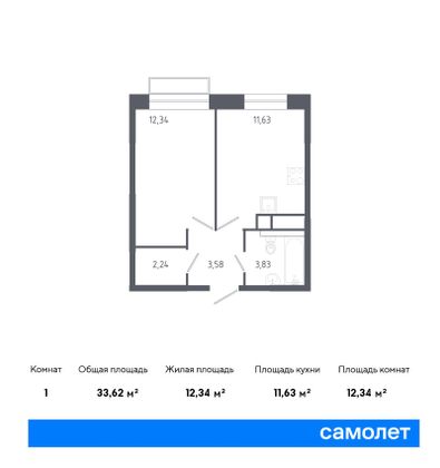 33,6 м², 1-комн. квартира, 18/22 этаж