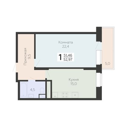 Продажа 1-комнатной квартиры 53 м², 6/22 этаж