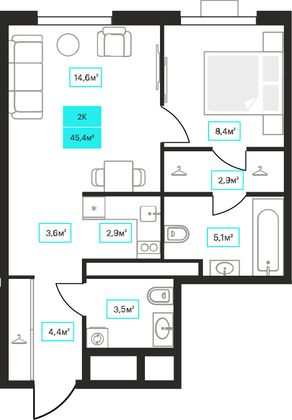 45,4 м², 2-комн. квартира, 18/23 этаж