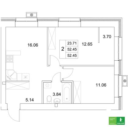 52,6 м², 2-комн. квартира, 2/10 этаж