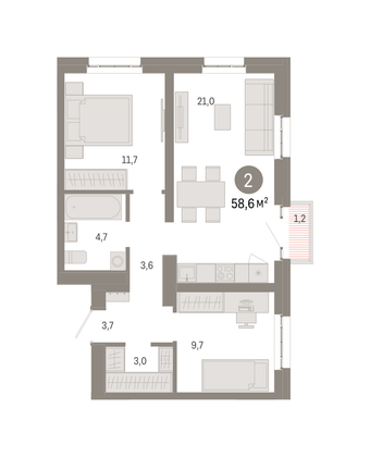 Продажа 2-комнатной квартиры 58,6 м², 14/16 этаж