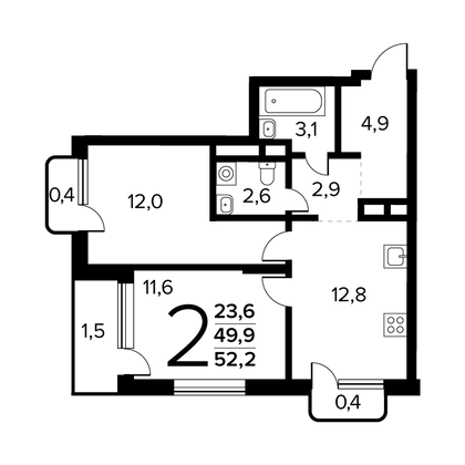 52,2 м², 2-комн. квартира, 5/14 этаж