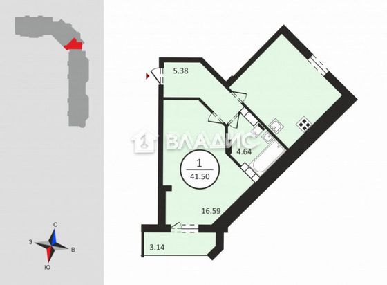 Продажа 1-комнатной квартиры 41,5 м², 3/12 этаж