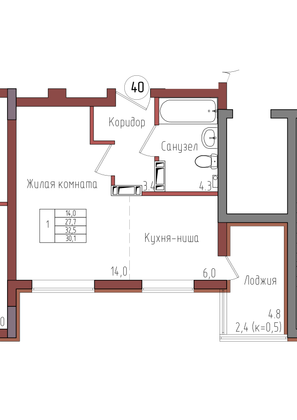 30,1 м², 1-комн. квартира, 6/9 этаж