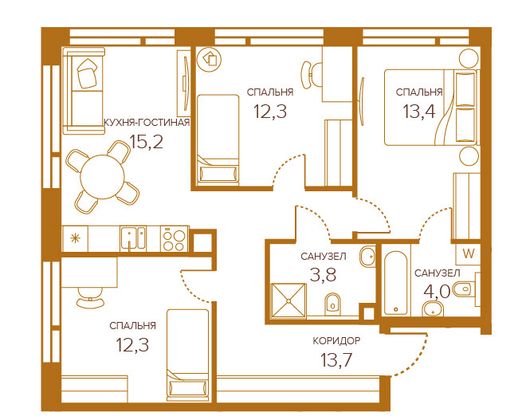 74,9 м², 3-комн. квартира, 8/13 этаж