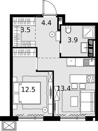 37,7 м², 1-комн. квартира, 26/28 этаж