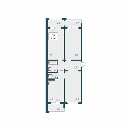 92,6 м², 3-комн. квартира, 14/17 этаж