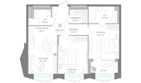 Продажа 2-комнатной квартиры 62,9 м², 16/17 этаж