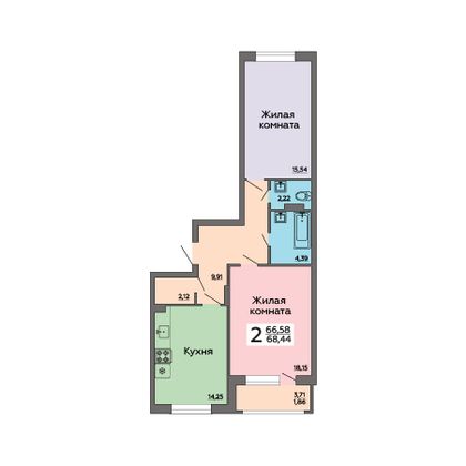 Продажа 2-комнатной квартиры 68,4 м², 2/6 этаж
