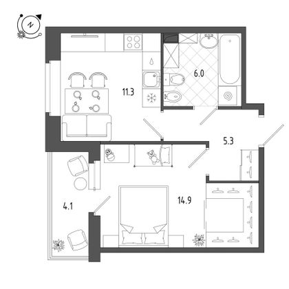 39,8 м², 1-комн. квартира, 1/12 этаж