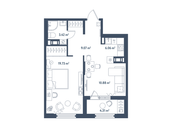 51,3 м², 1-комн. квартира, 6/11 этаж