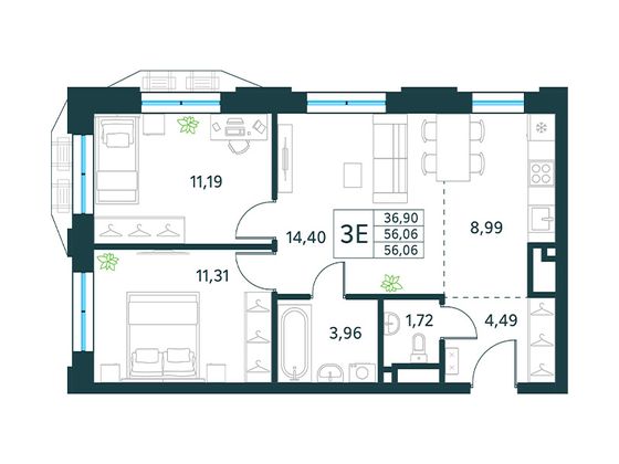 56,1 м², 3-комн. квартира, 3/30 этаж