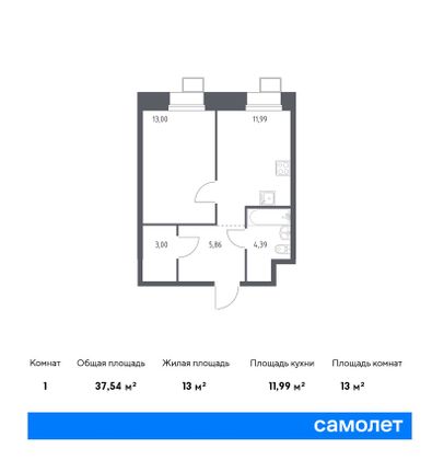 37,5 м², 1-комн. квартира, 21/23 этаж