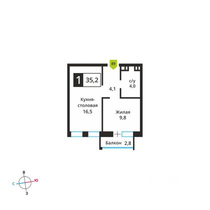 Продажа 1-комнатной квартиры 35,2 м², 3/12 этаж