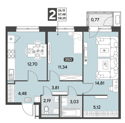 Продажа 2-комнатной квартиры 58,3 м², 21/25 этаж