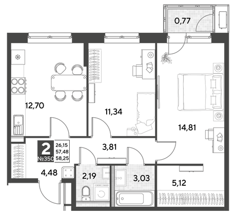 Продажа 2-комнатной квартиры 58,3 м², 21/25 этаж