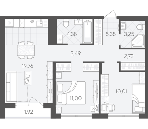 61,9 м², 2-комн. квартира, 5/9 этаж